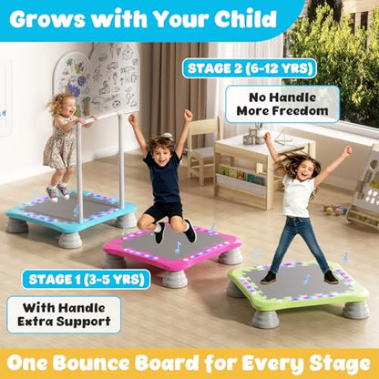 3-in-1 Mini Trampoline for Kids with Music & Lights, Indoor Outdoor Bounce Board, Removable Safety Handle, Sensory Balance Trainer, Non-Slip Base, Ages 3-12, Max 220 lbs