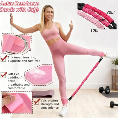 Women Glute Workout Equipment Set, Ankle Resistance Bands with Cuffs Long Yoga Resistance Bands Socks & Bag, Glute Sculpting at Home Set for Gym Equipment Pilates Kit