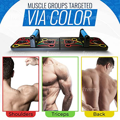 Multi-use 10 in 1 Push Up Board for Upper Body Strength Training. Push up board with resistance bands attachments for home workouts.
