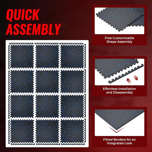 SUPERJARE 0.79'' Extra-Thick Exercise Equipment Mats, 12 Pcs 48 Sq Ft Rubber Top Floor Tiles with High Density EVA Foam, Interlocking Gym Flooring for Home Gym, Workout Mat, Black/Blue