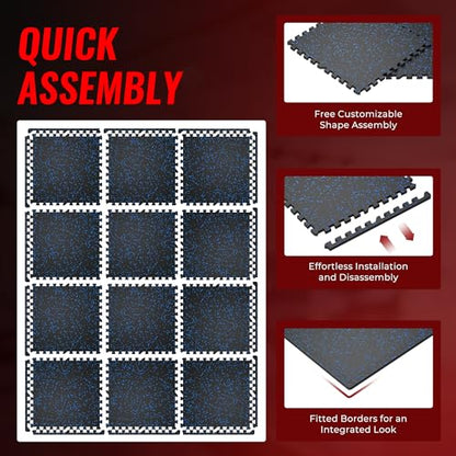SUPERJARE 0.79'' Extra-Thick Exercise Equipment Mats, 12 Pcs 48 Sq Ft Rubber Top Floor Tiles with High Density EVA Foam, Interlocking Gym Flooring for Home Gym, Workout Mat, Black/Blue