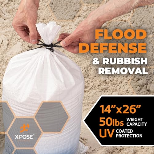 Xpose Safety Heavy Duty Sand Bags with Tie Strings – Empty Woven Polypropylene Sandbags for Hurricane Flood Protection, 50 lb Capacity, 14" x 26", White, Pack of 10 - color: White, size: 10 Sandbags