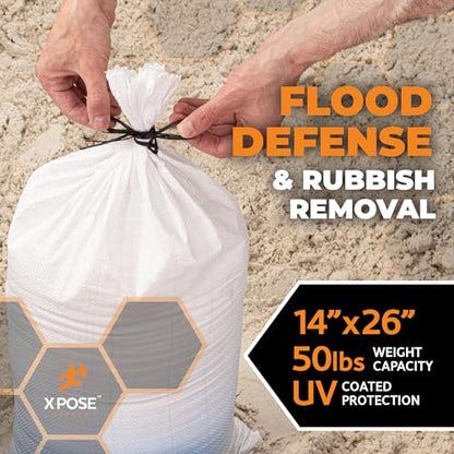 Xpose Safety Heavy Duty Sand Bags with Tie Strings – Empty Woven Polypropylene Sandbags for Hurricane Flood Protection, 50 lb Capacity, 14" x 26", White, Pack of 10 - color: White, size: 10 Sandbags
