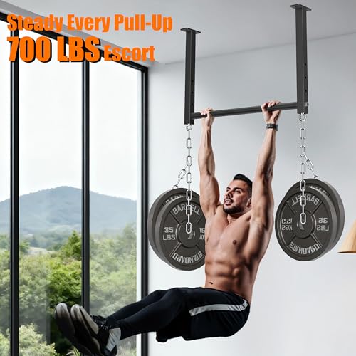 Ceiling Mounted Pull Up Bar, 700 LBS Heavy Duty 4 Adjustable Pull Up Bar, 24" Rafter Pull Up Bars, Ceiling Joist for Garage/Gym/Basement with Comfortable Grip & Round Anchors
