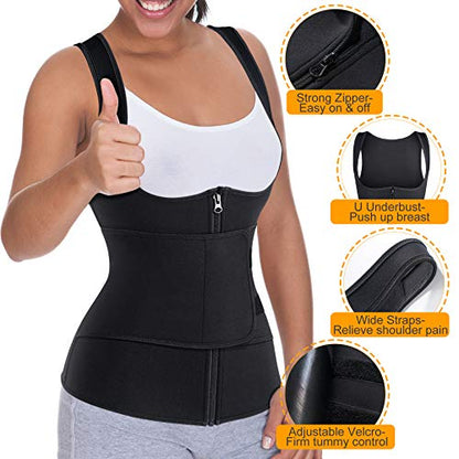 GAODI Women Waist Trainer Vest Slim Corset Neoprene Sauna Tank Top Zipper Workout Body Shaper Shirt (2XL, Black Sauna Vest)