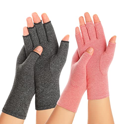 Zexhoor 2 Pairs Arthritis Compression Gloves for Women Men, Carpal Tunnel Pain Relief, Fingerless for Typing Both Hands - color: Grey1+pink1, size: Medium
