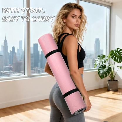 ILILI Extra Long Yoga Mat 10mm (76"x28") - Extra Thick TPE Non-Slip Exercise Mat, Eco-Friendly Double Color Workout Mat for Yoga/Pilates/Home Gym, with Carrying Strap - color: Pink+Black