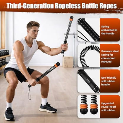 YEYES Weighted Ropeless Battle Ropes - Heavy Duty Cordless Workout Ropes with Steel Spring Resistance for HIIT & Home Gym, Compact Full Body Fitness Equipment for Men & Women(Black)