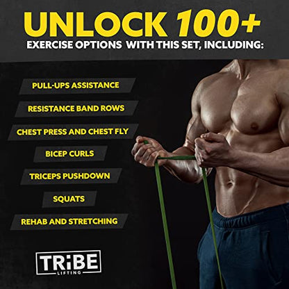 Tribe Lifting Resistance Bands for Working Out Men and Women - Set of 5 Pull Up Bands for Strength Training, Exercise Bands with Handles, Door Anchor and Bar Options for Home Gym
