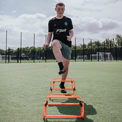 Football Flick Multi Level Mini Speed and Agility Hurdles – Pack of 3 Orange Height Adjustable Multi Sports Hurdles 6 Inches, 9 Inches and 12 Inches - Light Weight Carry Bag Included.