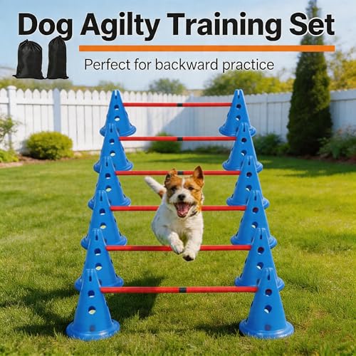 Dog Agility Course Backyard Set, Dog Agility Hurdle Cone Set with 4-Height Adjustable & Storage Bag, Training Hurdle for Dogs Obstacle Course - 12 Cones & 6 Agile Rods Combo