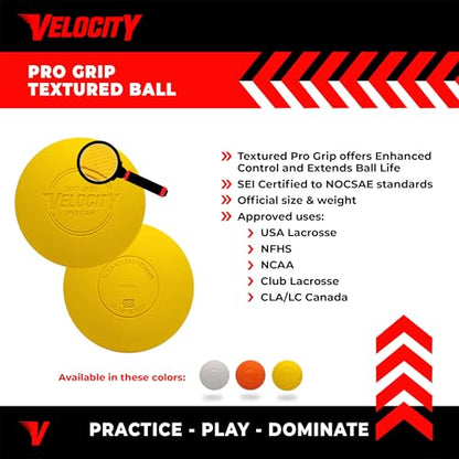Velocity Pro Grip Lacrosse Balls - 6, 12, 18, 60 and 120 Packs - Certified for Youth, Club, High School, CLA, and College Game Play - color: Yellow, size: 18 Balls