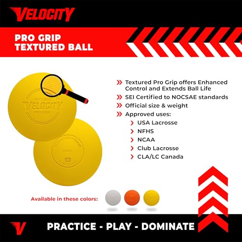 Velocity Pro Grip Lacrosse Balls - 6, 12, 18, 60 and 120 Packs - Certified for Youth, Club, High School, CLA, and College Game Play - color: Yellow, size: 12 Balls