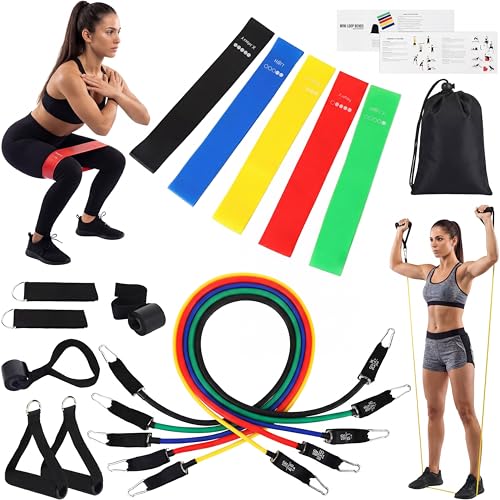 Duraaamo 17 Pcs Resistance Loop Tube Exercise Bands Set for Working Out Handles Door Anchor Ankle Strap Portable Fitness Equipment with Instruction Carry Bag for Home Fitness Yoga Stretching Therapy