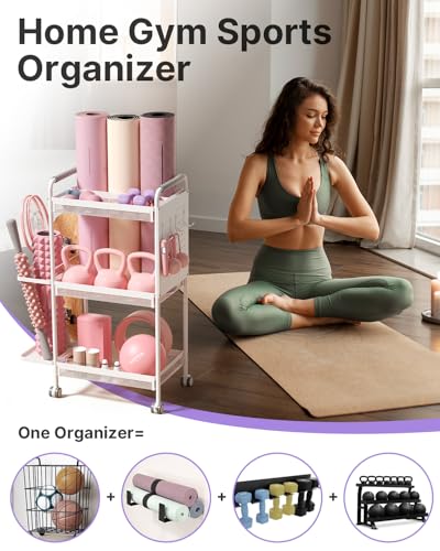 YOTTOY 3-Tier Gym Storage Rack for Home Gym–Multi-Functional Weight Rack, Dumbbell Rack, Yoga Mat Holder with Side Basket & 6 Hooks, Gym Equipment Organizer