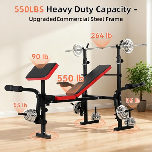 Weight Bench, Adjustable Weight Bench with Bench Press Rack, 550 LB Foldable Weight Lifting Bench with Leg Extension, Preacher Curl Pad & 5-Level Barbell Holder for Home Gym Strength Training