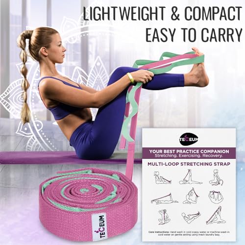 Stretching Strap with 10 Loops – Non-Elastic Yoga Strap for Physical Therapy – Stretch Band for Hamstring, Leg, Hip & Knee Rehab – Pilates, Flexibility & Mobility Exercise for Men & Women