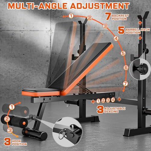 9-in-1 Adjustable Olympic Weight Bench with Lat Pulldown, Row, Squat Rack & Leg Curl – Multi-Function Strength Training Bench Press for Home Gym Full Body Workout