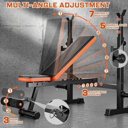 9-in-1 Adjustable Olympic Weight Bench with Lat Pulldown, Row, Squat Rack & Leg Curl – Multi-Function Strength Training Bench Press for Home Gym Full Body Workout