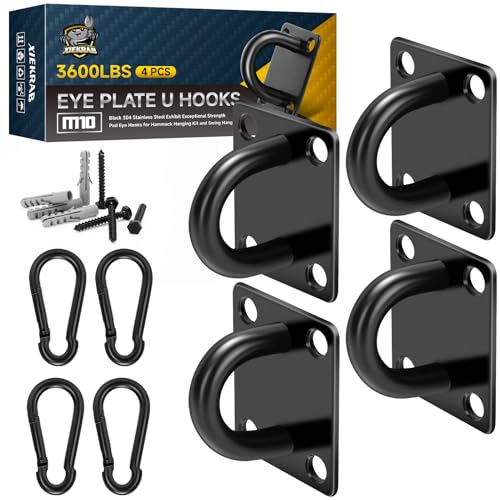 Stainless Steel Heavy Duty Ceiling Hooks 4-Pack, M10 Pad Eye Hook with Snap Hooks, Eye Hooks Heavy Duty Mounting Plate, Swing Hooks for Indoor/Outdoor Use with Screws & Expansion Tubes