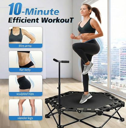 Foldable Trampoline, Fitness Rebounder Trampoline with 5-Level Adjustable Foam Handle, Quiet and Stable Exercise Trampoline for Kids Adults, Indoor/Outdoor Mini Trampoline