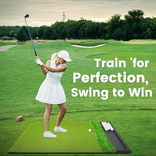 Golf Hitting Mat with Ball Tray, Dual-Turf Practice Training Mat for Indoor & Outdoor Use with 3 Rubber Tees - size: 5 x 4 ft - 1.22"