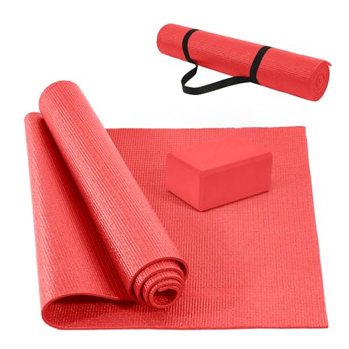 Signature Fitness All Purpose 0.25 Inch Thick High Density No Tear Exercise Yoga Mat with Strap & Lightweight Features for Indoor & Outdoor Use, Red