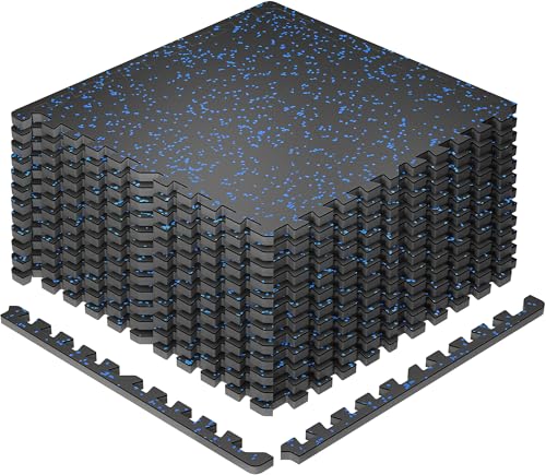 SUPERJARE 0.79'' Extra-Thick Exercise Equipment Mats, 12 Pcs 48 Sq Ft Rubber Top Floor Tiles with High Density EVA Foam, Interlocking Gym Flooring for Home Gym, Workout Mat, Black/Blue