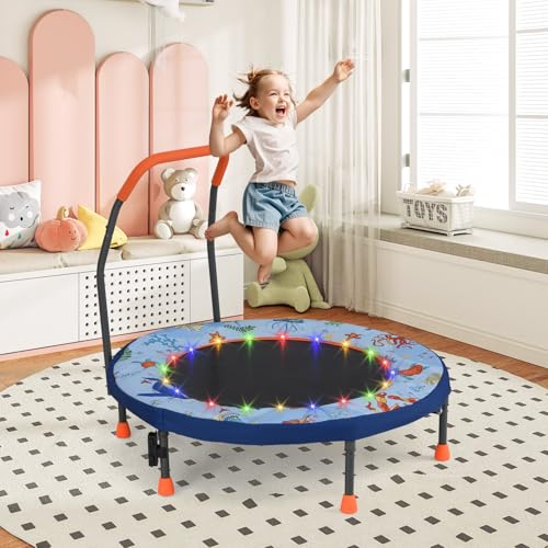 GYMAX 36” Toddler Trampoline with Lights, Folding Springless ASTM Approved Small Kids Rebounder with Foam Handle, Safety Padded Cover & Foldable Legs, Mini Indoor Baby Trampolines - color: Light Blue