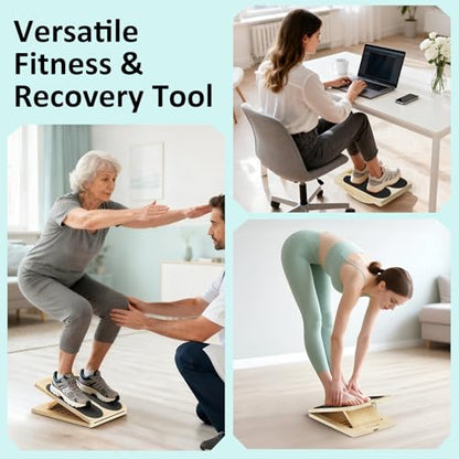 MPortable Wooden Slant & Balance Board for Calf Stretch, Squats, Pilates & Therapy. Multi-angle adjustable, anti-slip, ergonomic design. 350LBS capacity for legs, knees & core training.