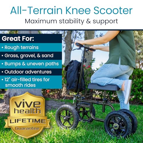 Vive Mobility All Terrain Knee Scooter Walker for Foot Injuries - Adult Broken Leg Crutch Cart Roller for Surgery, Broken Foot, Ankle Injury - Kneeling Rolling Steerable Seated Wheel Scooter Aid - color: Black