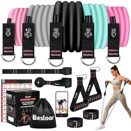 Resistance Band Set. Exercise Bands with Handles, Door Anchor and Ankle Strap. Home Gym, Supports Full-Body Workouts - with Training Guide and Fitness Video - color: Pink