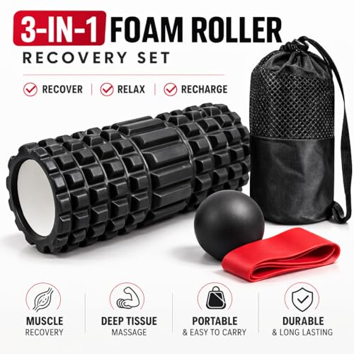 3-IN-1FOAM Roller Set for Muscle Massage, DEEP Tissue Roller, Massage Ball, Resistance Band, & Carry Bag.