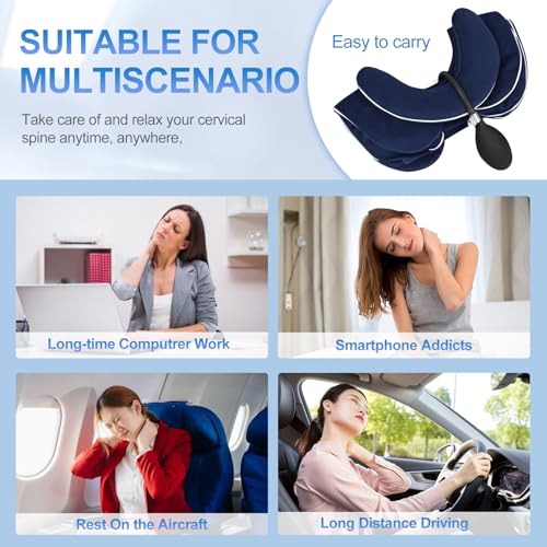 Inflatable & Adjustable Neck Traction Device with Neck Brace,Portable Cervical Traction Device for Instant Neck Pain Relief,Perfect for Home,Office,and Travel(Dark Blue)