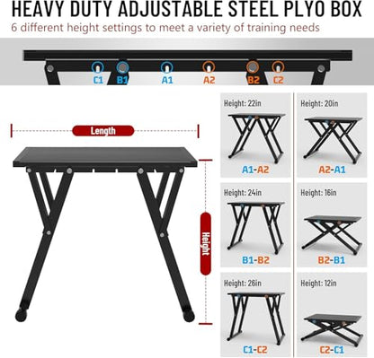 GanFindX Adjustable Steel Plyometric Box，Six Height Settings 12''-26'' Steel Plyo Box Home Gym Jump Trainer for Fitness Exercise Agility Stamina Conditioning Strength Training