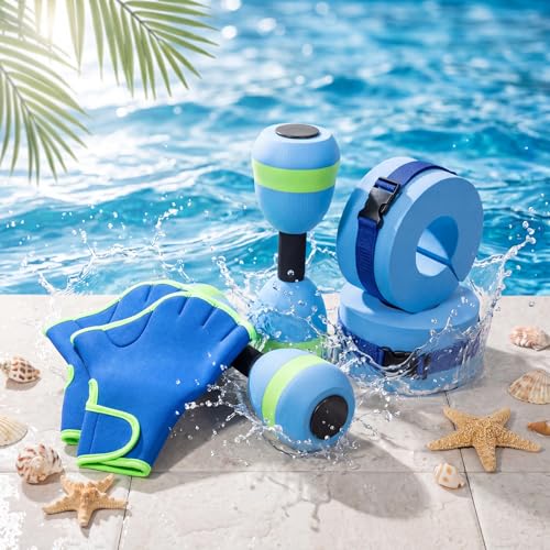 Water Aerobics Set Aquatic Exercise Set Include Water Foam Dumbbell Swim Aquatic Cuffs Ankle Arm Swimming Glove Pool Resistance Weights Pool Fitness Equipment for Training - color: Light Blue