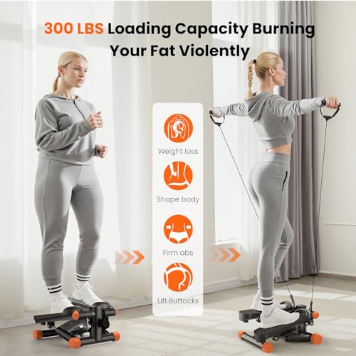 Sweetcrispy Mini Stair Stepper with Resistance Bands, Hydraulic Home Stepper Machine, 300 LBS Weight Capacity, Compact Cardio Equipment with LCD Monitor, No Assembly Required - color: Orange