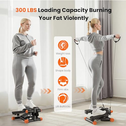 Sweetcrispy Mini Stair Stepper with Resistance Bands, Hydraulic Home Stepper Machine, 300 LBS Weight Capacity, Compact Cardio Equipment with LCD Monitor, No Assembly Required - color: Orange