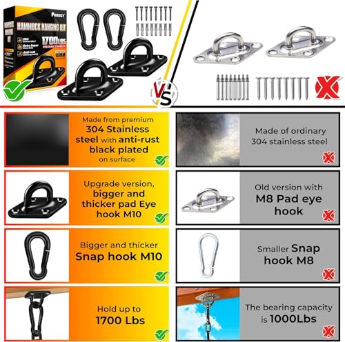 [Upgraded] 1700 lb Capacity 2PCS M10 Stainless Steel Pad Eye Hooks+2PCS 10MM Snap Hook + 8PCS Heavy Duty Screws for Hammock Hanging Kit, Swing Hanging, Wall/Ceiling Mount, Indoor & Outdoor