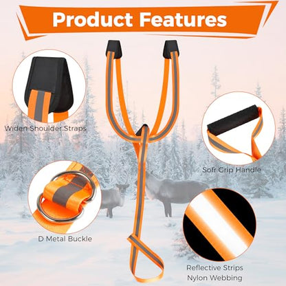 Deer Drag Harness & Rope – Heavy Duty 480lbs Capacity, Reflective Orange Hunting Gear with Comfortable Shoulder Strap, Soft Handle – Essential for Dragging Deer, Elk, Boar – Gift for Hunters