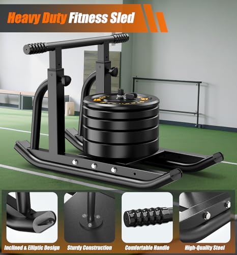 Weight Sled, Heavy-Duty Push Pull Sled, Adjustable Height Handle, Workout Fitness Sled for Training- Running Speed, Agility, Soccer, Football, Strength, Crossfit- Suitable for 1" & 2" Plates - color: Black