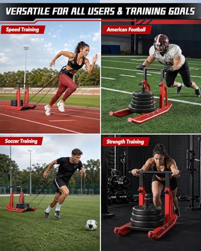 Football Sleds and Chutes, Weight Sled, Workout Fitness Sled for Training- Running Speed, Agility, Soccer, Strength, Adjustable Height Handle, Fits 1" & 2" Weight Plates