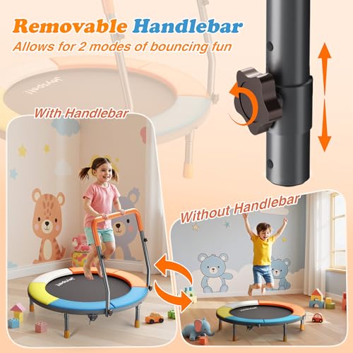 Premium 3FT Foldable Toddler Trampoline for Kids Ages 3-6, 36 Inch ASTM Certified Mini Trampoline with Adjustable Handle, 100 lbs Capacity, Quiet Elastic Bands, Safe for Indoor Outdoor Use
