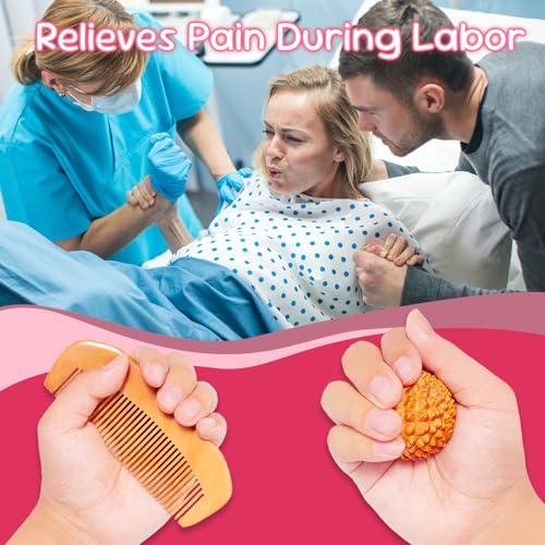 SIMPOR 3-in-1 Labor Comb and Massage Ball Set, Wooden Birth Comb with Acupressure Spiky Ball and Roller, Natural Wood Labor and Delivery Essentials for Pain Management, Pregnancy and New Mom Gifts