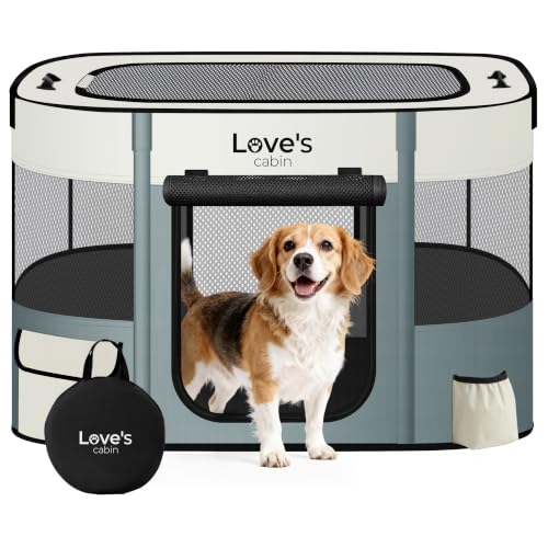 Love's cabin Pet Puppy Dog Playpen, Large Dog Tent Crates Cage Indoor/Outdoor, Portable Exercise Playpen for Cat, Foldable Pop Up Dog Kennel Playpen with Carring Case (L, Gray Green) - color: Gray green, style: Large
