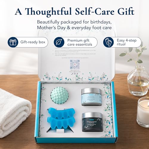 Tucketts Foot Spa Kit for Women - More than a Pedicure Kit with Foot Massage Ball, Toe Separators for Bunions, Charcoal Foot Scrub, Shea Butter Moisturizer for Dry Feet, Self Care Gifts for Women