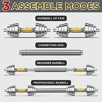 PHOEROS Adjustable Dumbbell Set - 44/66/88 LBS weights set, Dumbbell Barbell 3 in 1, Steel Dumbbells Pair with Connecting Rod for Adults Women Men Fitness Workout, Home Gym Exercise Training Equipment