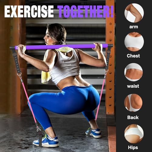 Pilates Bar Kit with Resistance Bands,Pilates Bar with Stackable Bands Workout Equipment for Legs,Hip,Waist and Arm,Exercise Fitness Equipment for Women & Men Home Gym Yoga Pilates - color: Hot Purple