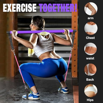 Pilates Bar Kit with Resistance Bands,Pilates Bar with Stackable Bands Workout Equipment for Legs,Hip,Waist and Arm,Exercise Fitness Equipment for Women & Men Home Gym Yoga Pilates - color: Hot Purple
