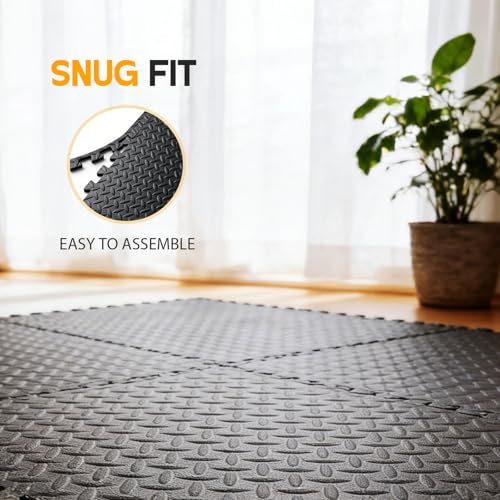 Puzzle Exercise Mat ½ in, EVA Interlocking Foam Floor Tiles for Home Gym, Mat for Home Workout Equipment, Floor Padding for Crawling, Black, 20 in x 20 in x ½ in, 64 Sq Ft - 24 Tiles (24, Black)
